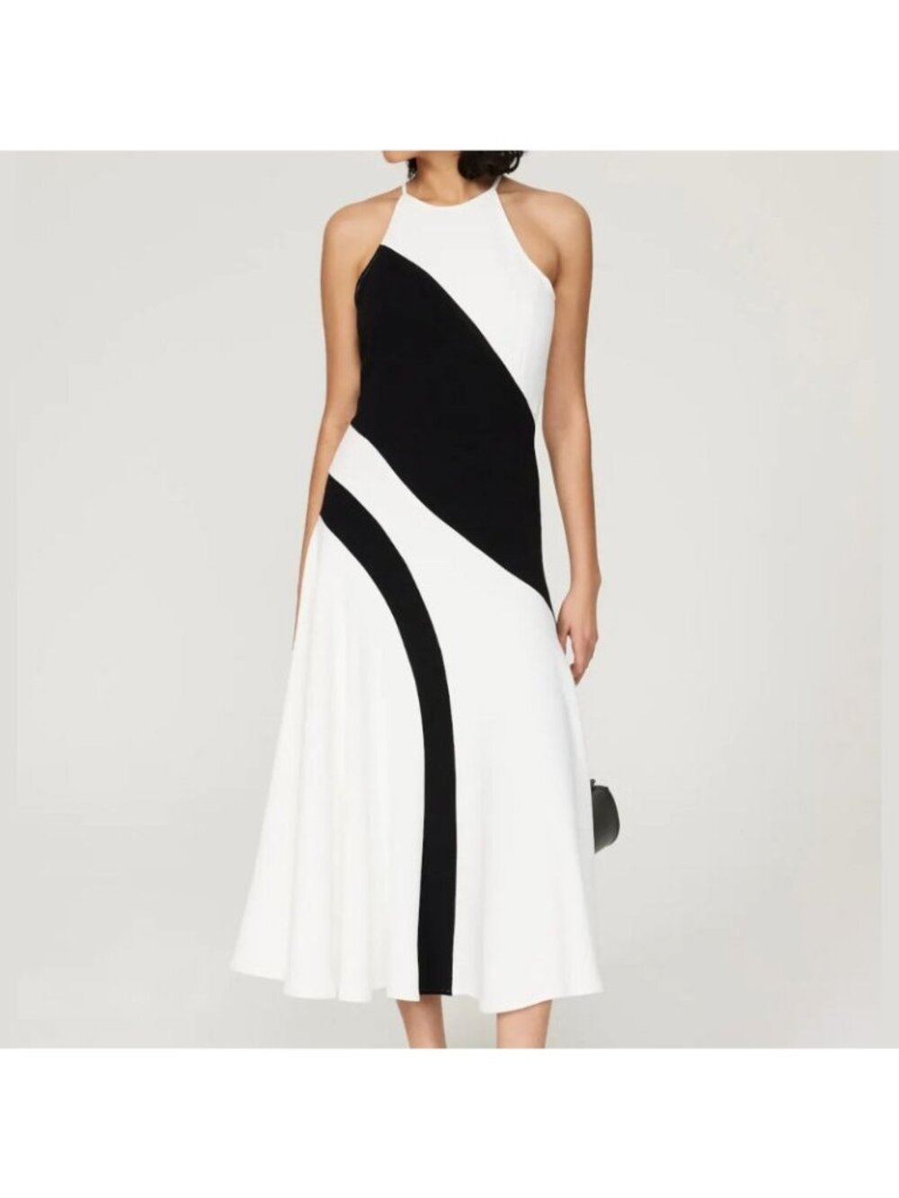 Saunders Womens White Black Colorblock Halter Neck A-Line Midi Dress Size 4